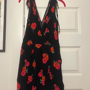 Black Floral V-Neck Sundress with Red & Orange Flowers
